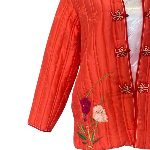 Retro Salmon Pink Embroidered Floral Satin Silk Kimono Puffy Jacket Size Small - Picture 7 of 16